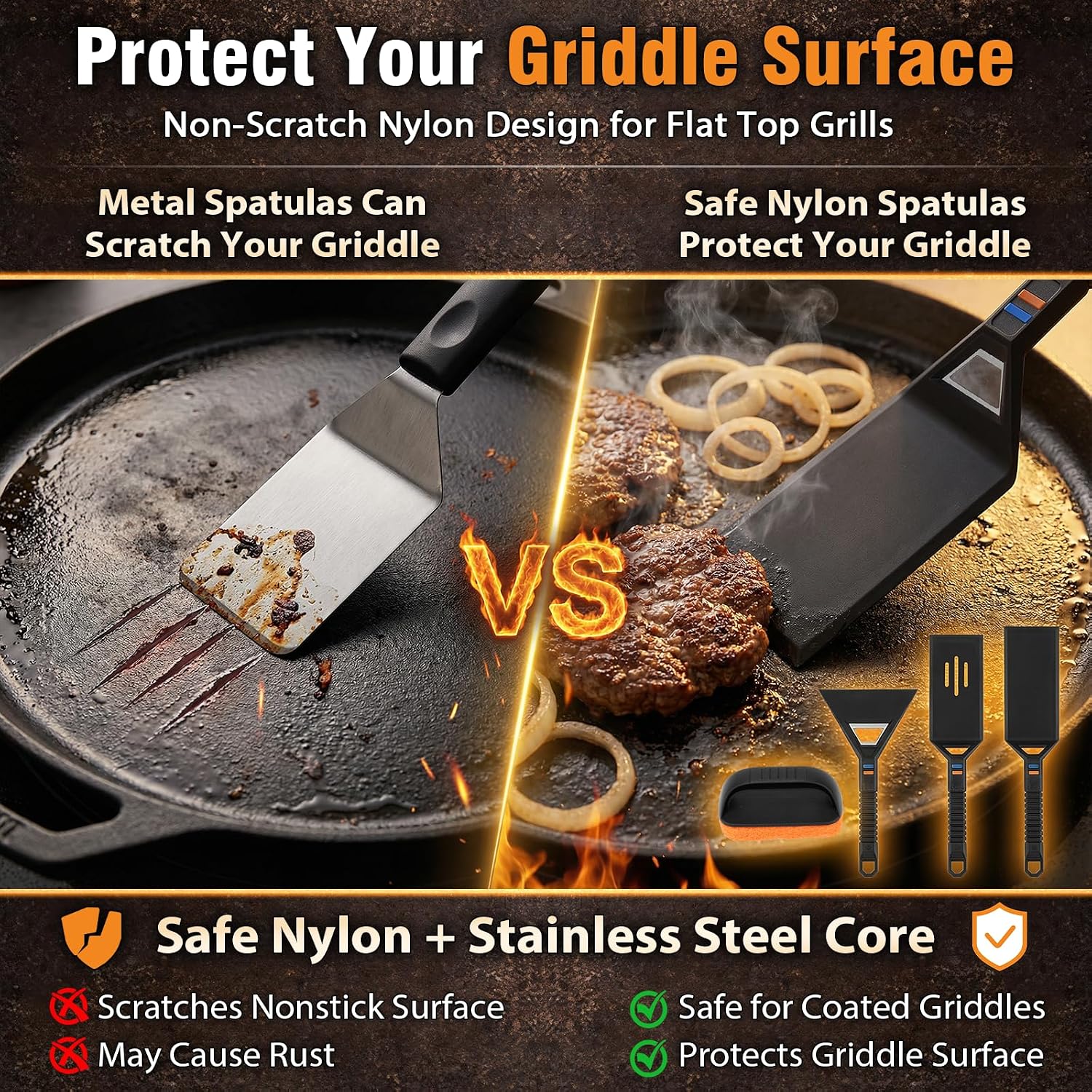 Utheer Griddle Kit, 25' x 16' Pre-Seasoned Cast Iron Flat Top Griddle with 5-Piece Scratch-Free Nonstick Safe Nylon Tools, Universal Grill Griddle for Gas Grill & Stove Top, BBQ, Camping and Cooking