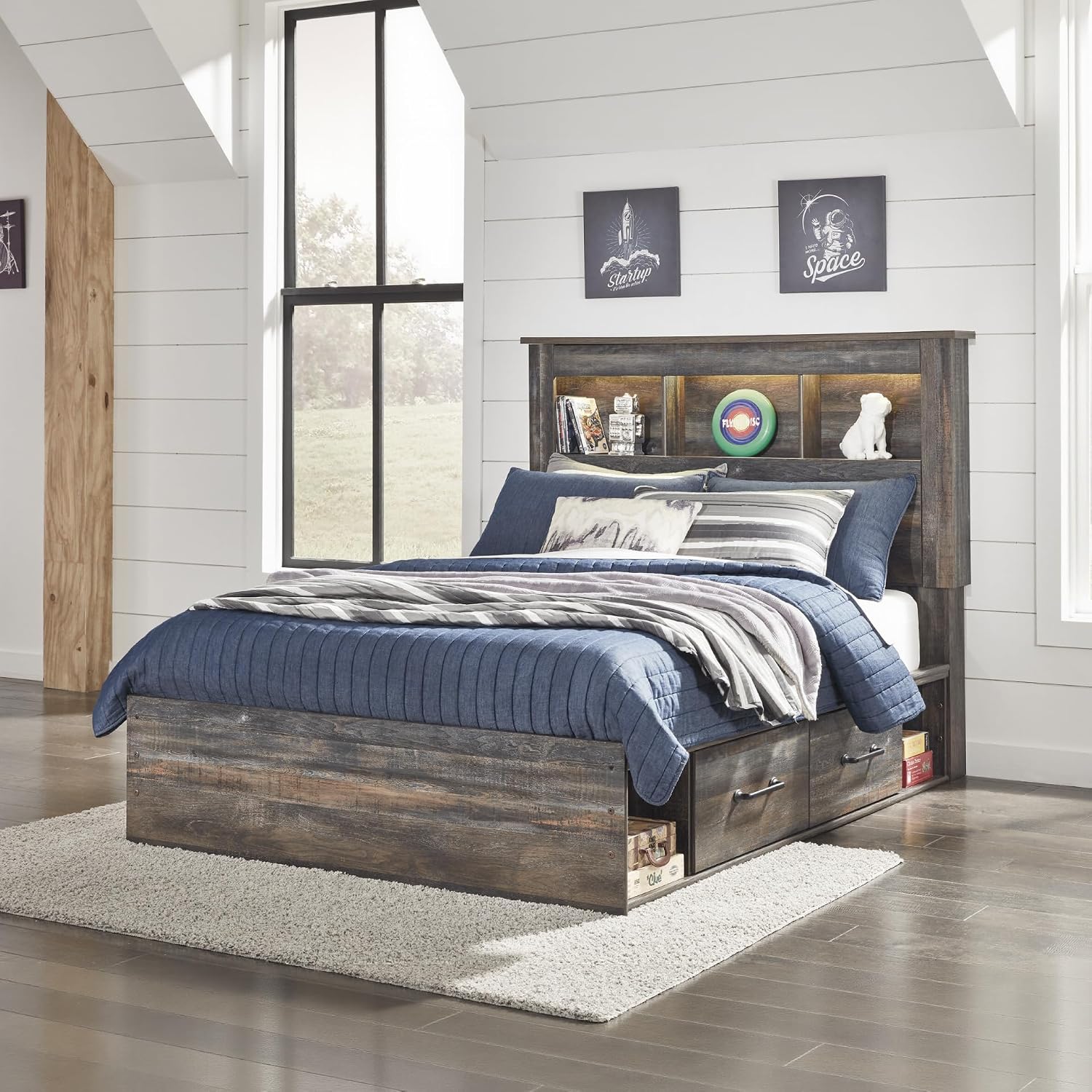 Signature Design by Ashley Drystan Rustic Full Bookcase Bed with 2 Storage Drawers, Open Cubbies and LED Light, Foundation or Box Spring Not Needed, Dark Brown & Gray