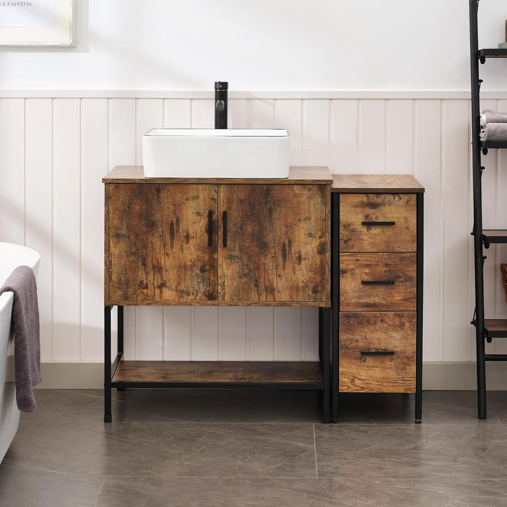 UEV 42' Rustic Brown Bathroom Vanity with Sink Combo,Industrial Iron Frame Bathroom Cabinet Sets with 3 Drawers Side Cabinet,Modern Artistic Ceramic Vessel Sink(031WH)