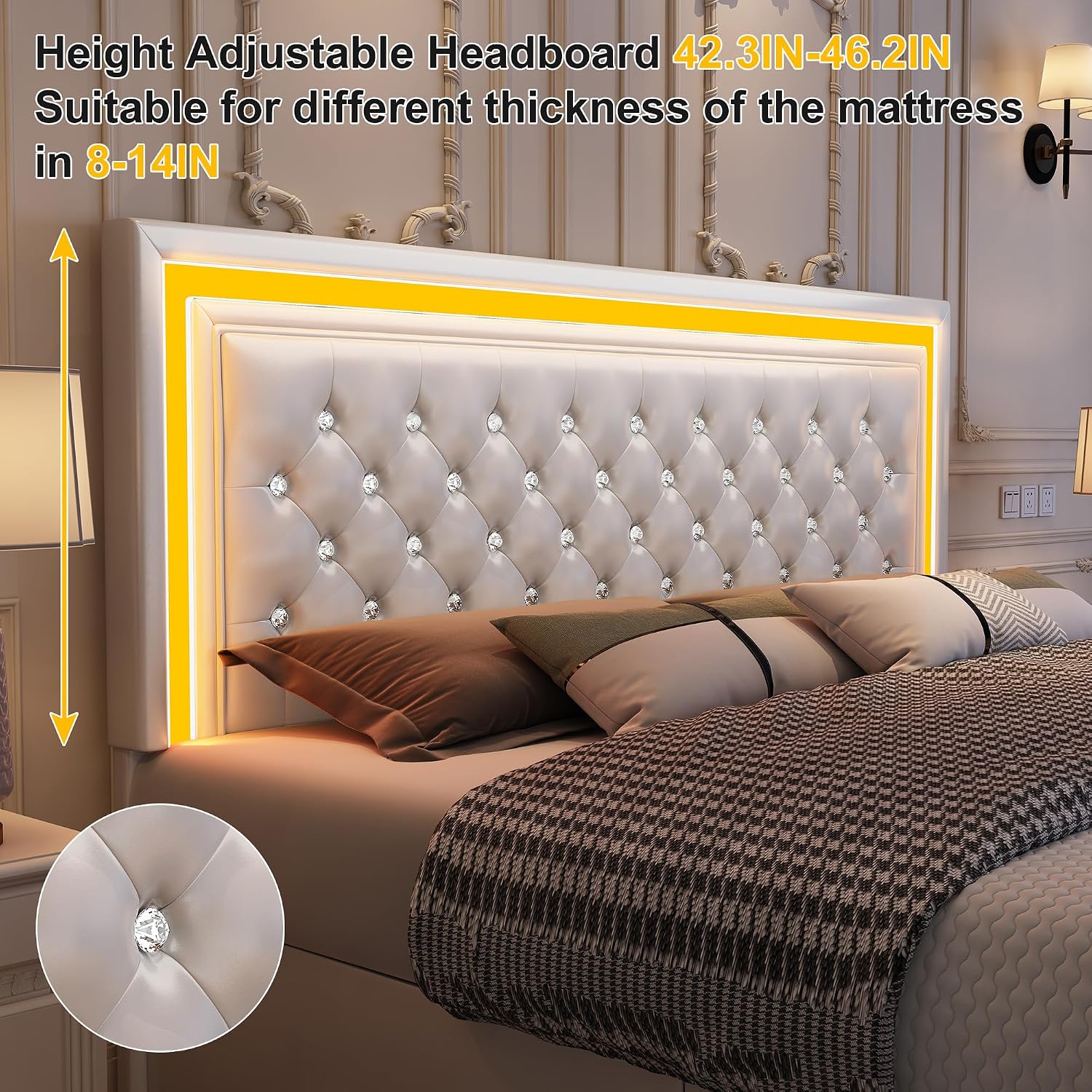 GEGOFORU King Led Bed Frame with 4 Storage Drawers, Bed Frame with Led Lights, No Box Spring Needed, 900 lbs Capacity, Easy Assembly, PU White