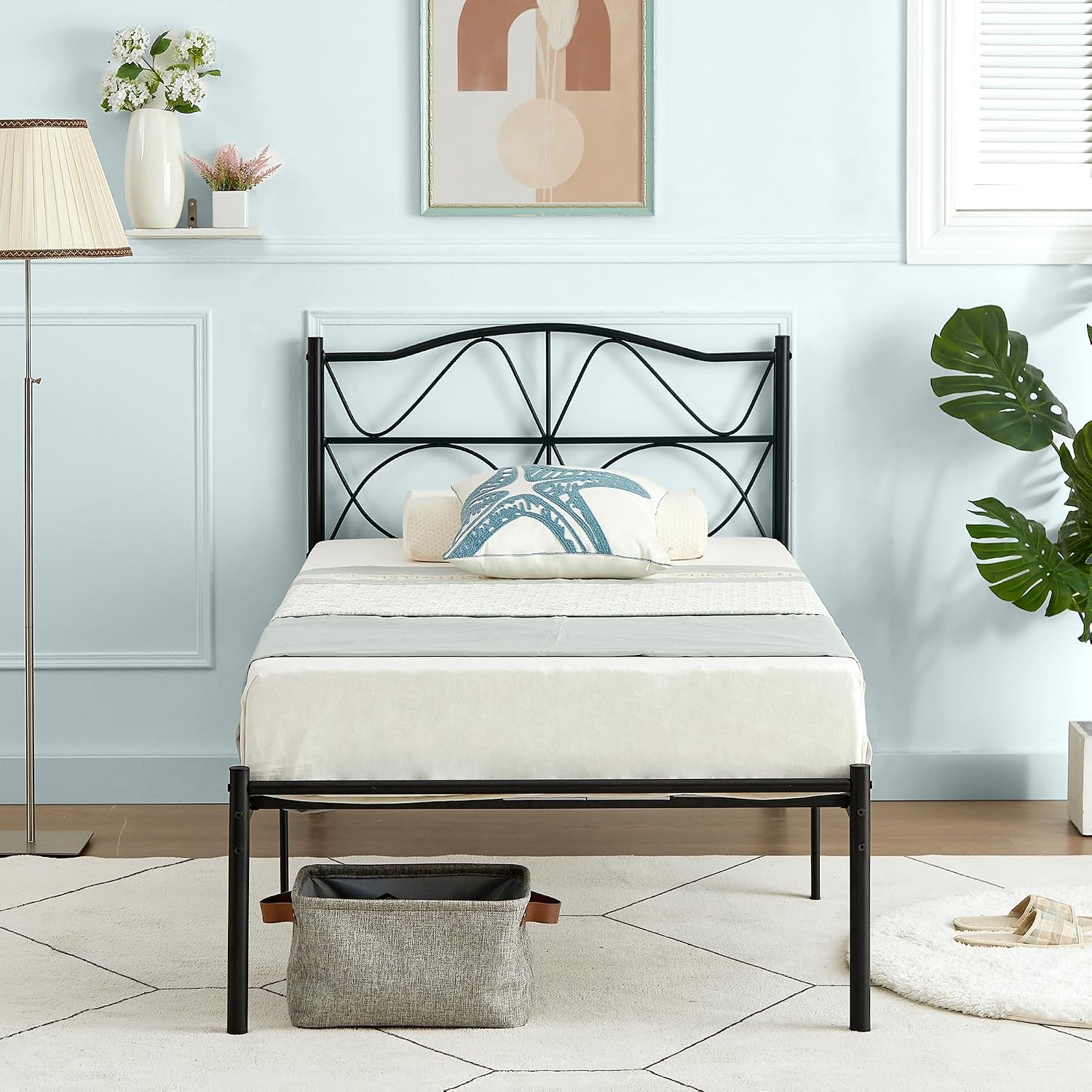 VECELO 2 Set Twin Size Bed Frame, Metal Bed Platform with Headboard, Sturdy Steel Slats Support, No Box Spring Needed/Noise-Free,Easy Assembly, Black
