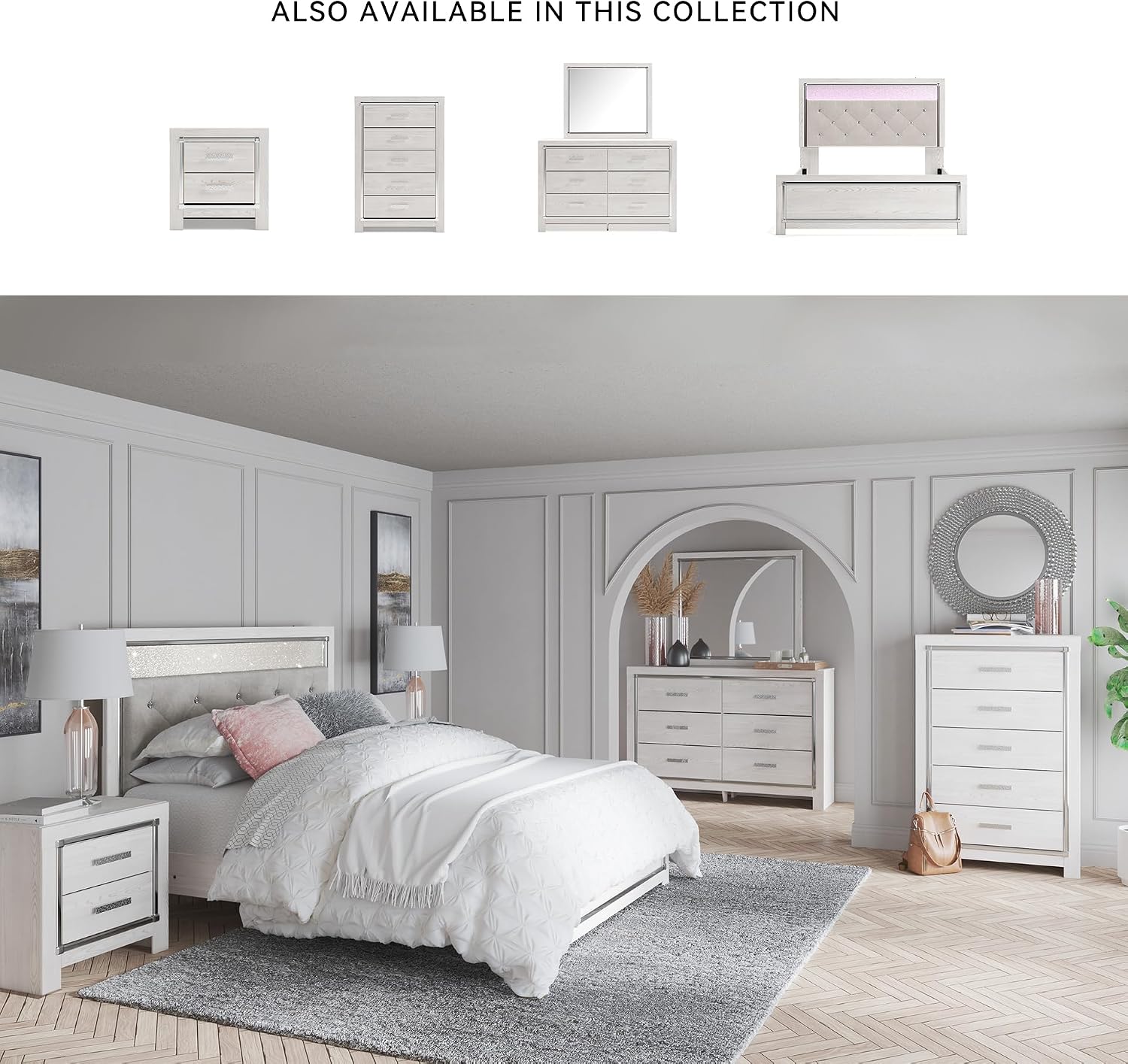 Signature Design by Ashley Altyra Modern Smooth-Gliding 6-Drawer Dresser and Mirror with Safety Stop, White