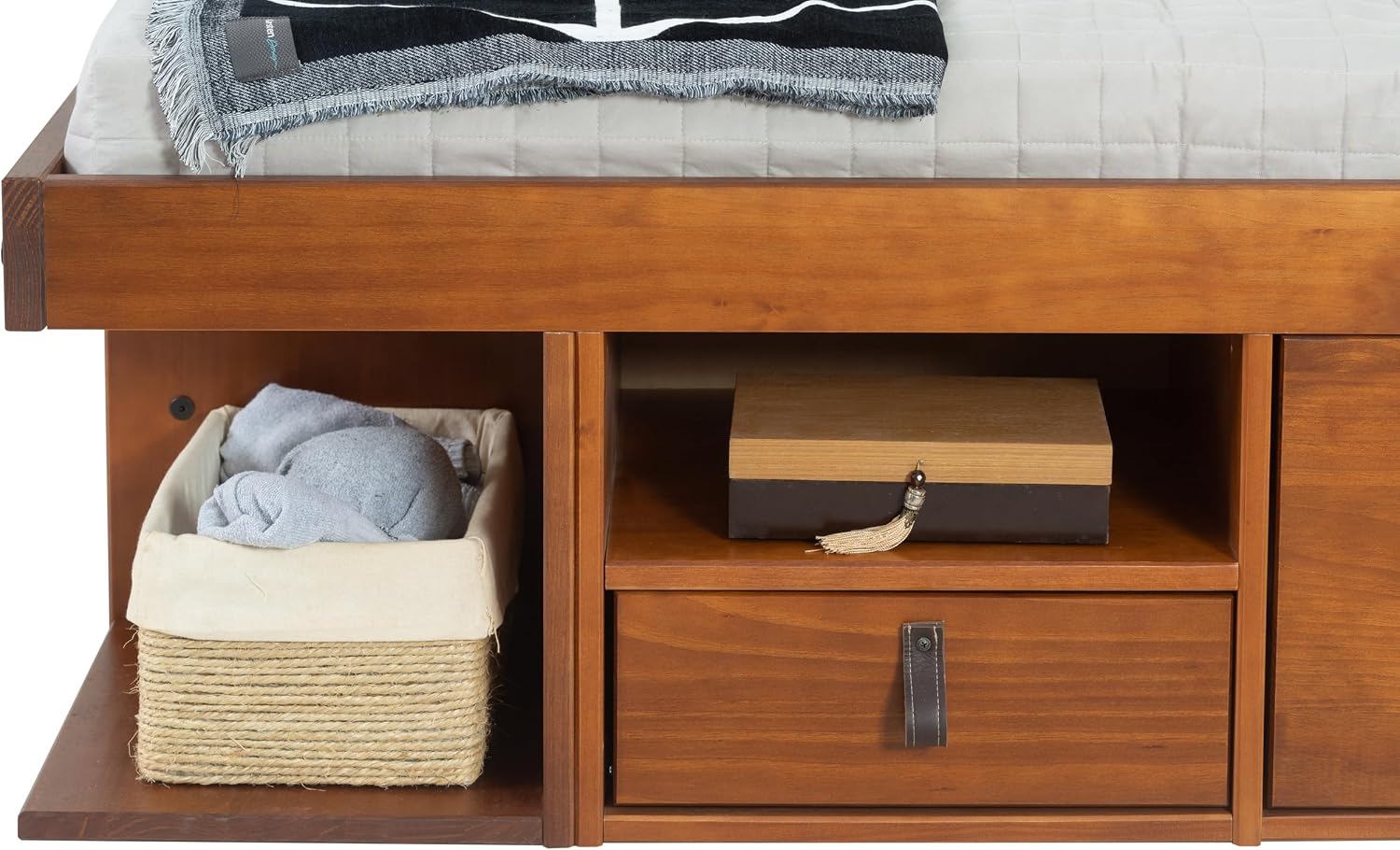 memomad Bali Slim Set: Storage Platform Bed with Drawers + Flat Panel Headboard (Full Size, Caramel Brown Wood)