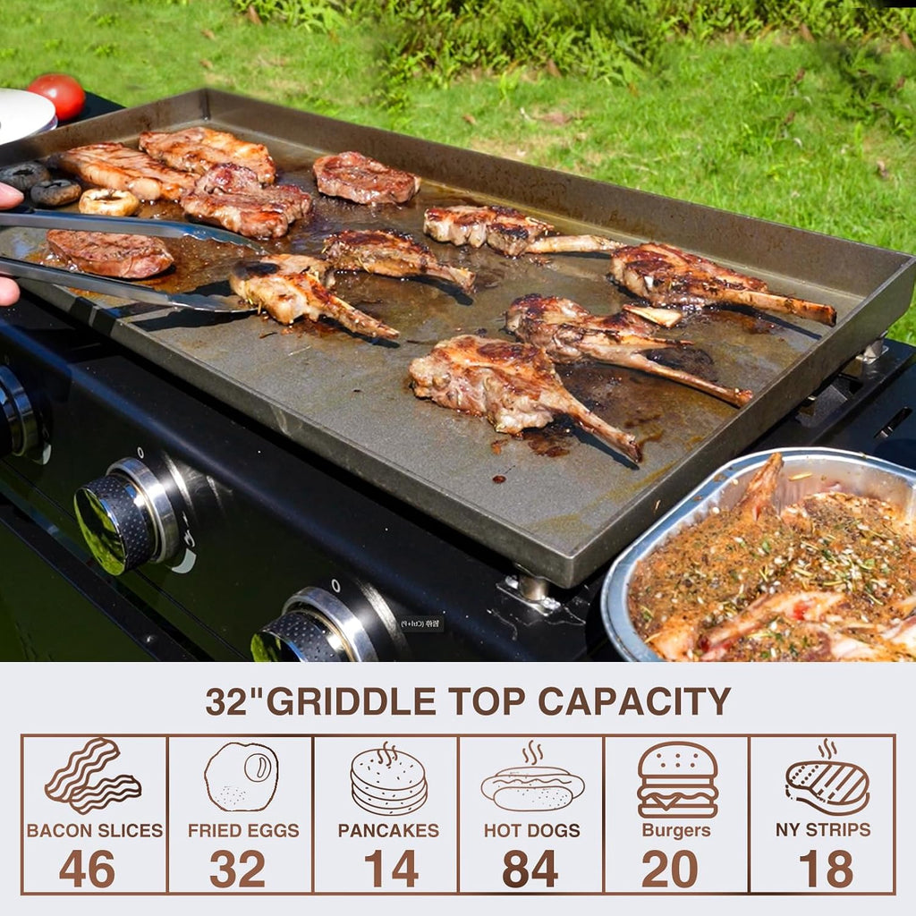 KingChii 32' 4-Burner Griddle with Counter Height Side Shelves, Powder Coated Steel, Black