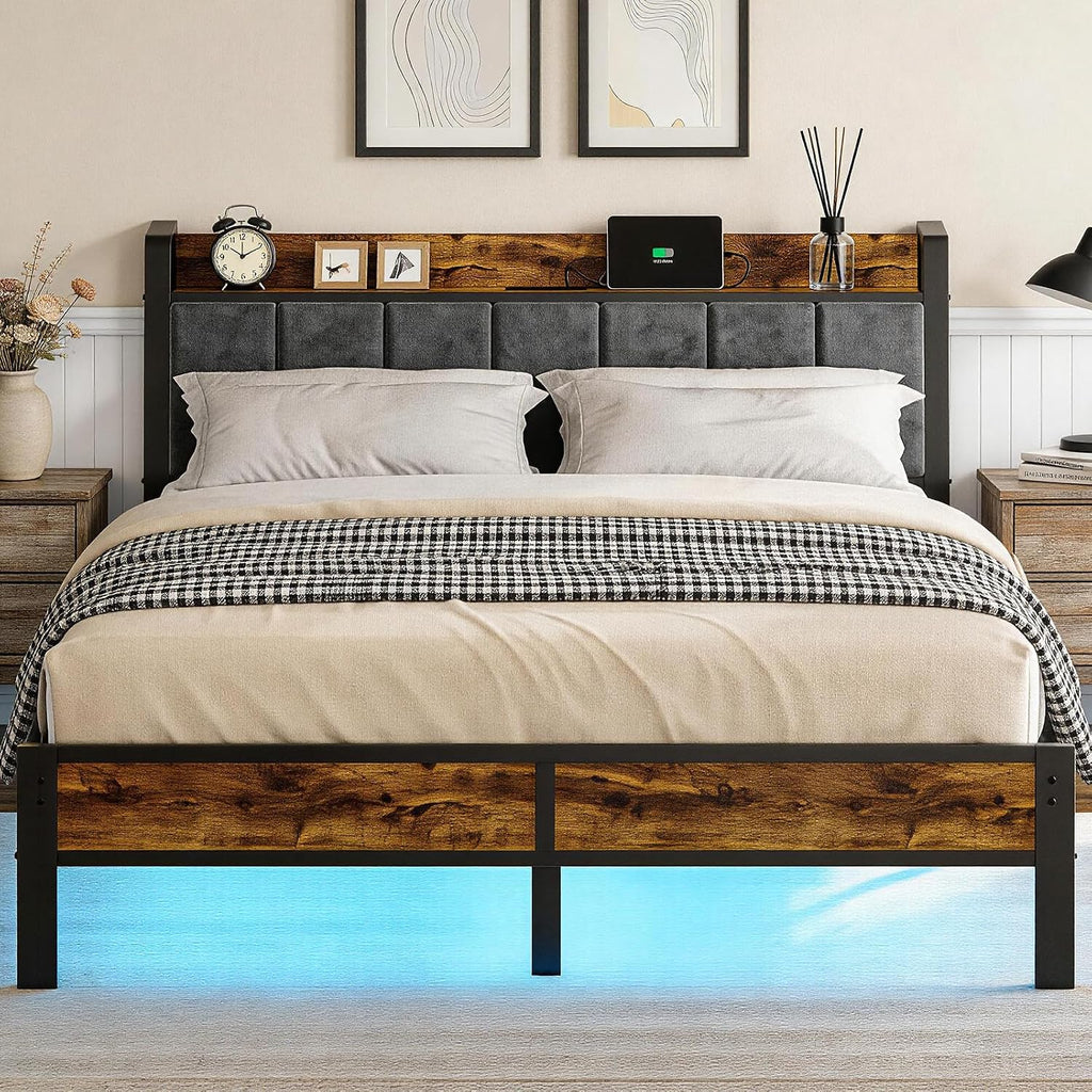 Queen Size Bed Frame with Charging Headboard, Metal Platform Bed with Smart LED Lights, Heavy Duty Metal Slats, No Box Spring Need