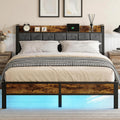 Queen Size Bed Frame with Charging Headboard, Metal Platform Bed with Smart LED Lights, Heavy Duty Metal Slats, No Box Spring Need