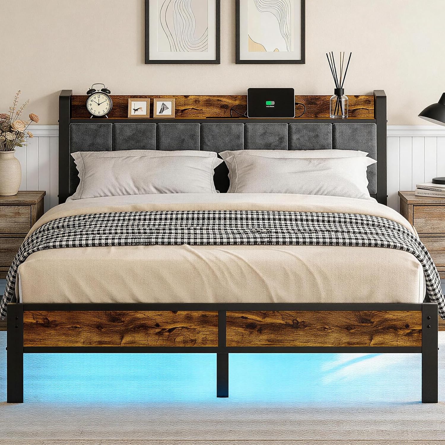 Queen Size Bed Frame with Charging Headboard, Metal Platform Bed with Smart LED Lights, Heavy Duty Metal Slats, No Box Spring Need