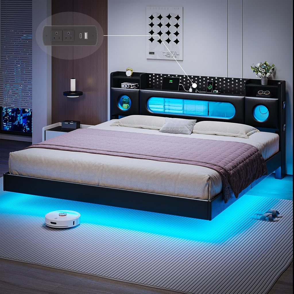 King Size Bed Frame with Storage Headboard, Floating Bed Frame King with Storage & Charging Station, King Size Bed with LED Lights,Platform Bed No Box Spring Needed, Noise-Free, Easy Assembly,PU Black