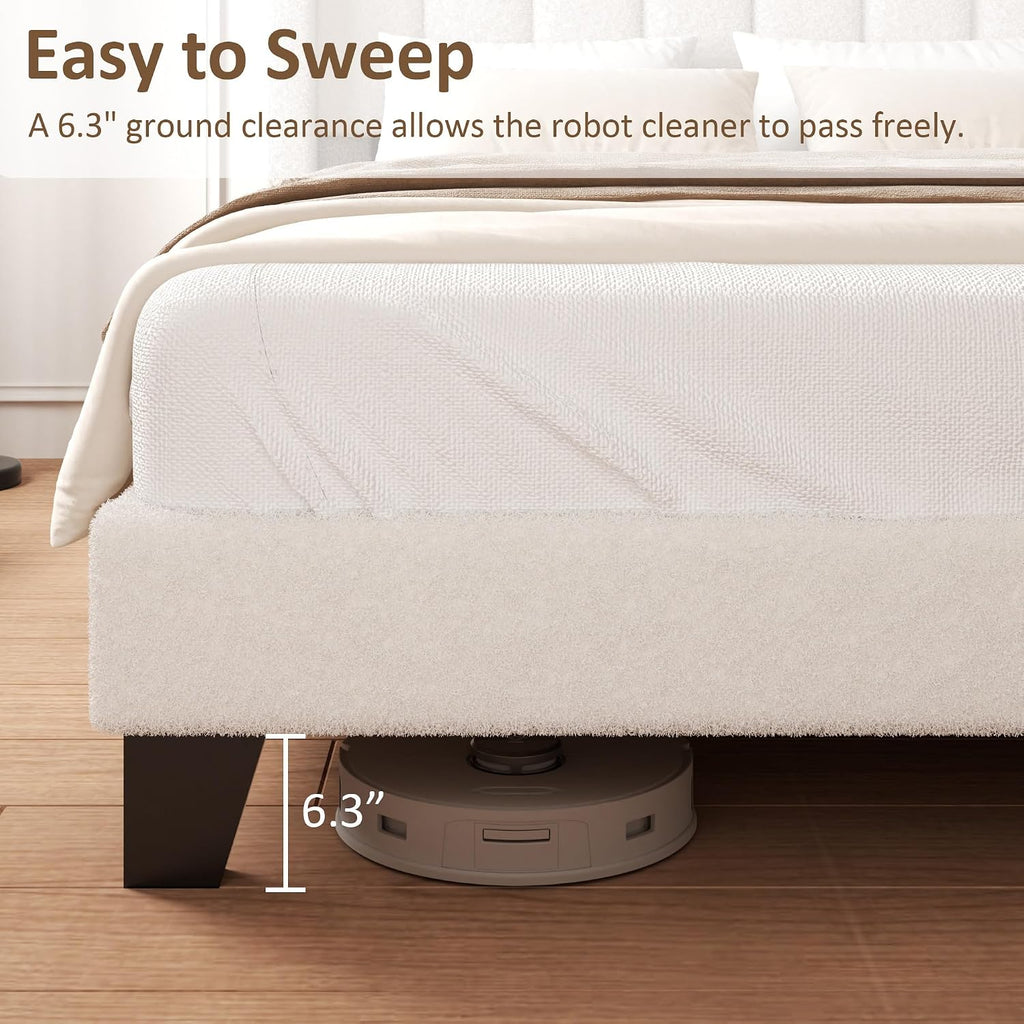 King Bed Frame with Headboard Upholstered Platform Bed Frame with Teddy Velvet Headboard, Wooden Slats Support/Wing Edge Design/No Box Spring Needed/Easy Assembly, Beige King
