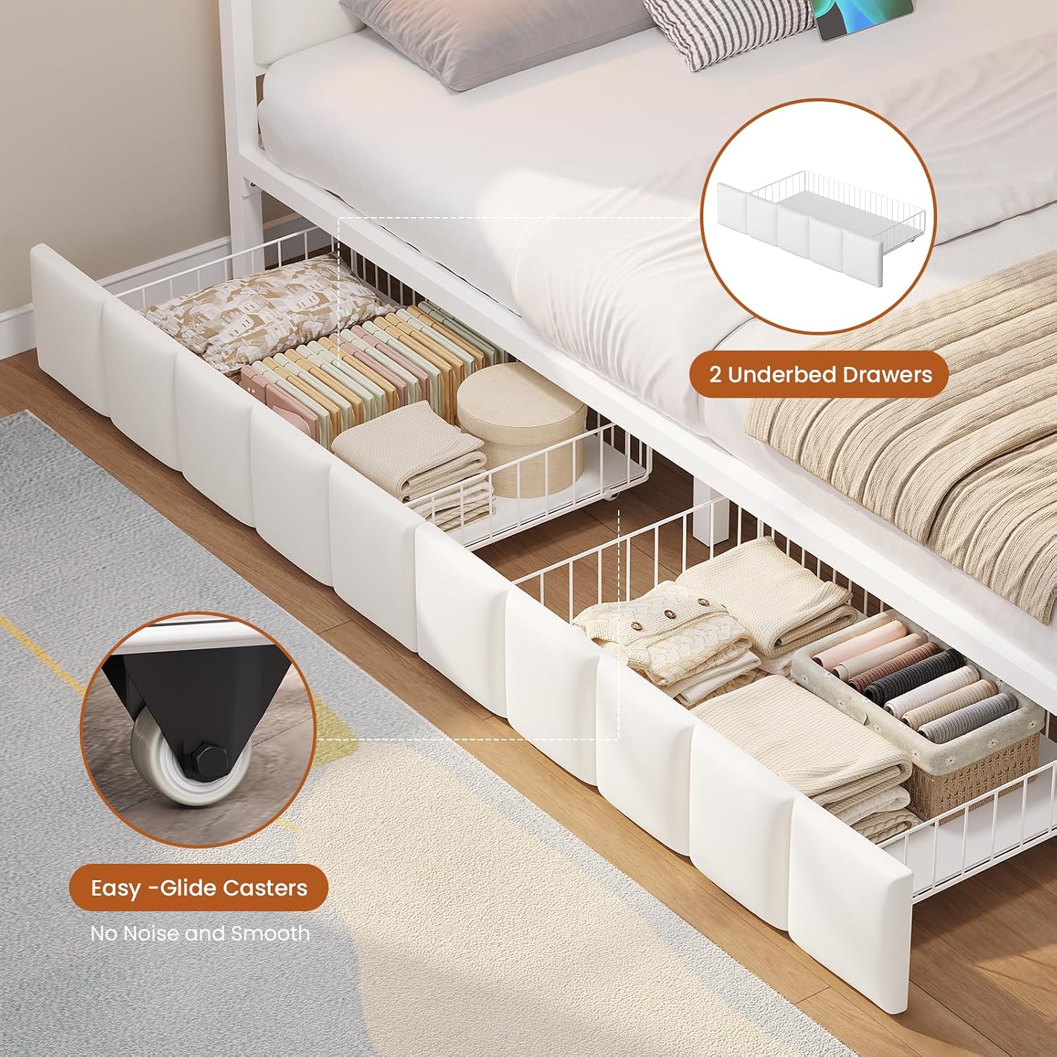 Hasuit Queen Corner Bed Frame with Storage Drawers, Queen Size Daybed with Line Fabric Upholstered Fence, Kids Bed Unit with LED Light and Charging Station, Modern Bed Frame Queenl Size, Beige
