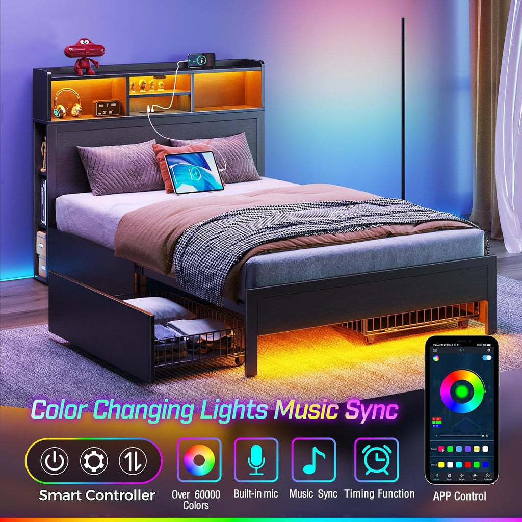 Rolanstar Twin Bed Frame with Storage Headboard & 4 Drawers, Metal Platform Bed with Charging Station, LED Single Bed with Side Shelf, No Box Spring Needed, Easy Assembly, Black