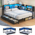 Hasuit Corner Bed Frame Full with 2 Drawers and Storage Bookcase, Daybed with Charging Station and LED Lights, Metal Platform Bed with Bookshleves, Full Size Bed Frame for Kids Teens Guests, Black