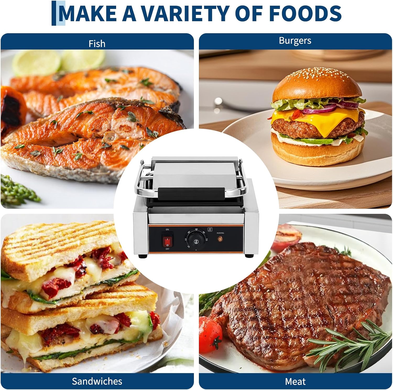 YS-811C 1800W Commercial Panini Press & Electric Grill, 9x9 Inch Sandwich Maker with 6-Temp Control, 110V Indoor Grill for Burgers, Panini, Breakfast, Silver