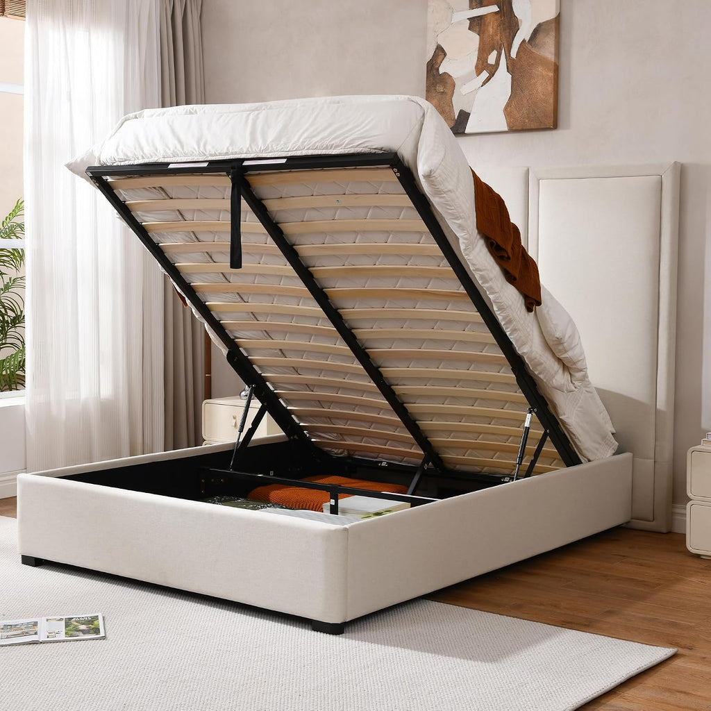 YUHUASHI Queen Size Bed Frame with 64-inch High Headboard, Simple and Airy Linen Upholstered Platform Bed with Storage Drawers, Wood Slat, No Noise (Beige, Queen(Hydraulic Lift))