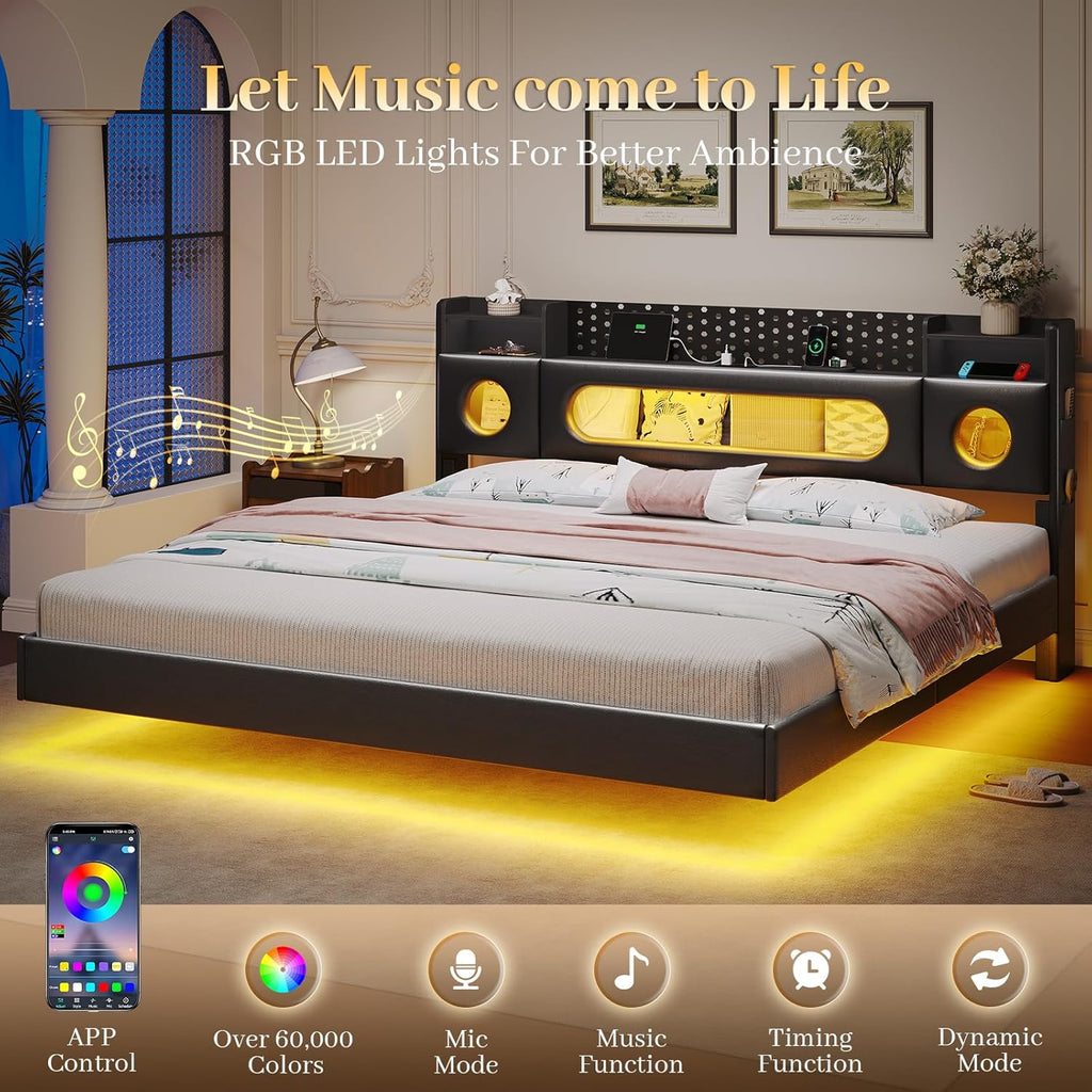 Floating Bed Frame,King Size Bed Frame with Storage Headboard & LED Light,Floating bed Frame King with Charging Station,King Bed with Bookcase Headboard,No Box Spring Needed,Noise-Free PU Black