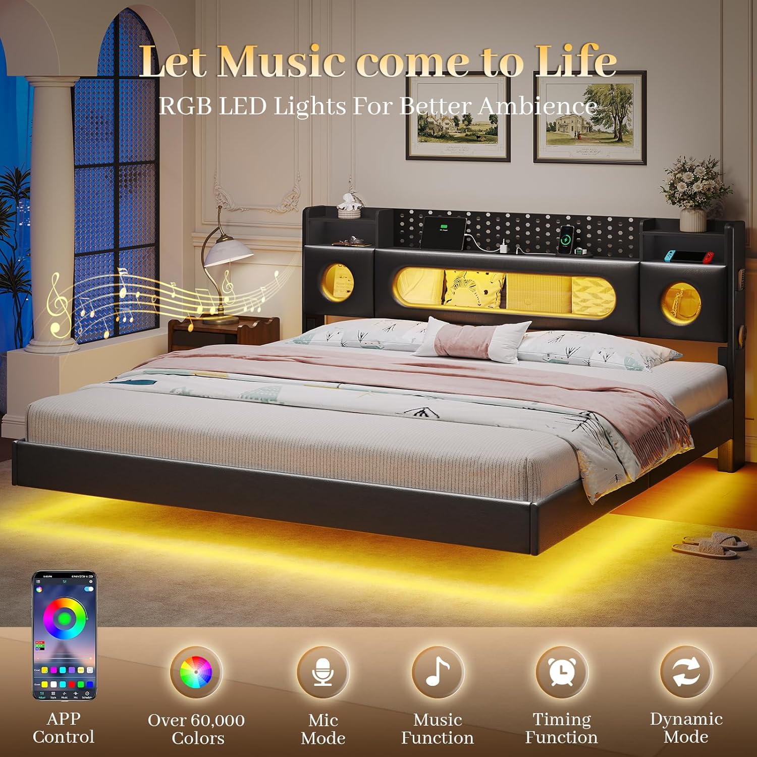 Floating Bed Frame,King Size Bed Frame with Storage Headboard & LED Light,Floating bed Frame King with Charging Station,King Bed with Bookcase Headboard,No Box Spring Needed,Noise-Free PU Black