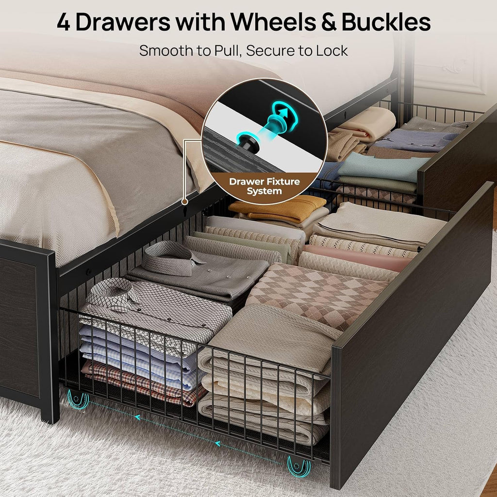 Rolanstar Queen Bed Frame with 4 Storage Drawers, Charging Station and LED Lights, Metal Platform Bed with 2-Tier Storage Headboard, No Box Spring Needed, Easy Assembly, Noise-Free, Black