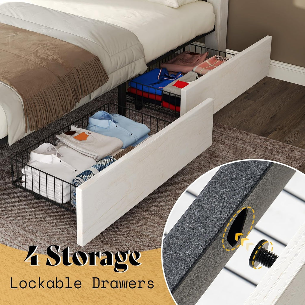 AMERLIFE Queen Size Farmhouse Bed Frame with 4 Drawers, Wooden Storage Bed Frame with Headboard and Heavy Duty Metal Slats, Noisy Free, Easy Assemble, White/Barnwood