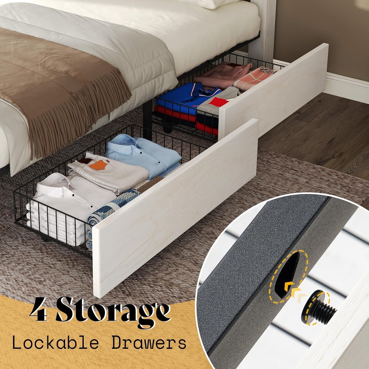 AMERLIFE Queen Size Farmhouse Bed Frame with 4 Drawers, Wooden Storage Bed Frame with Headboard and Heavy Duty Metal Slats, Noisy Free, Easy Assemble, White/Barnwood