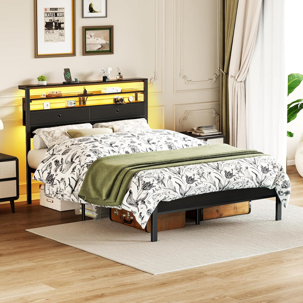 Furnulem Full Size Bed Frame with Headboard & 2 Fabric Drawers, Full Platform Bed Featuring LED Lights, Built-in Charging Station & Storage Shelves, Metal Slats, No Box Spring Needed – Black Oak