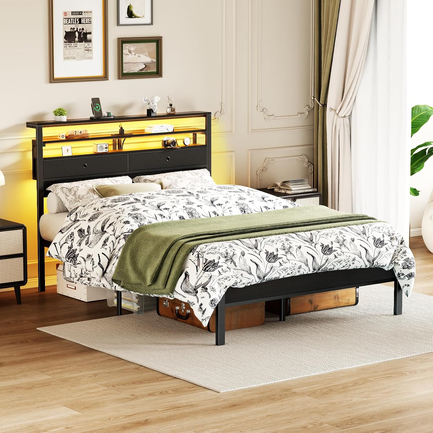 Furnulem Full Size Bed Frame with Headboard & 2 Fabric Drawers, Full Platform Bed Featuring LED Lights, Built-in Charging Station & Storage Shelves, Metal Slats, No Box Spring Needed – Black Oak
