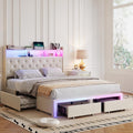 Full LED Bed Frame with Storage Headboard & Charging Station, Velvet Fabric Platform Bed Frames with 4 Drawers, Button Tufted Upholstered, No Box Spring Needed, Noise Free, Beige