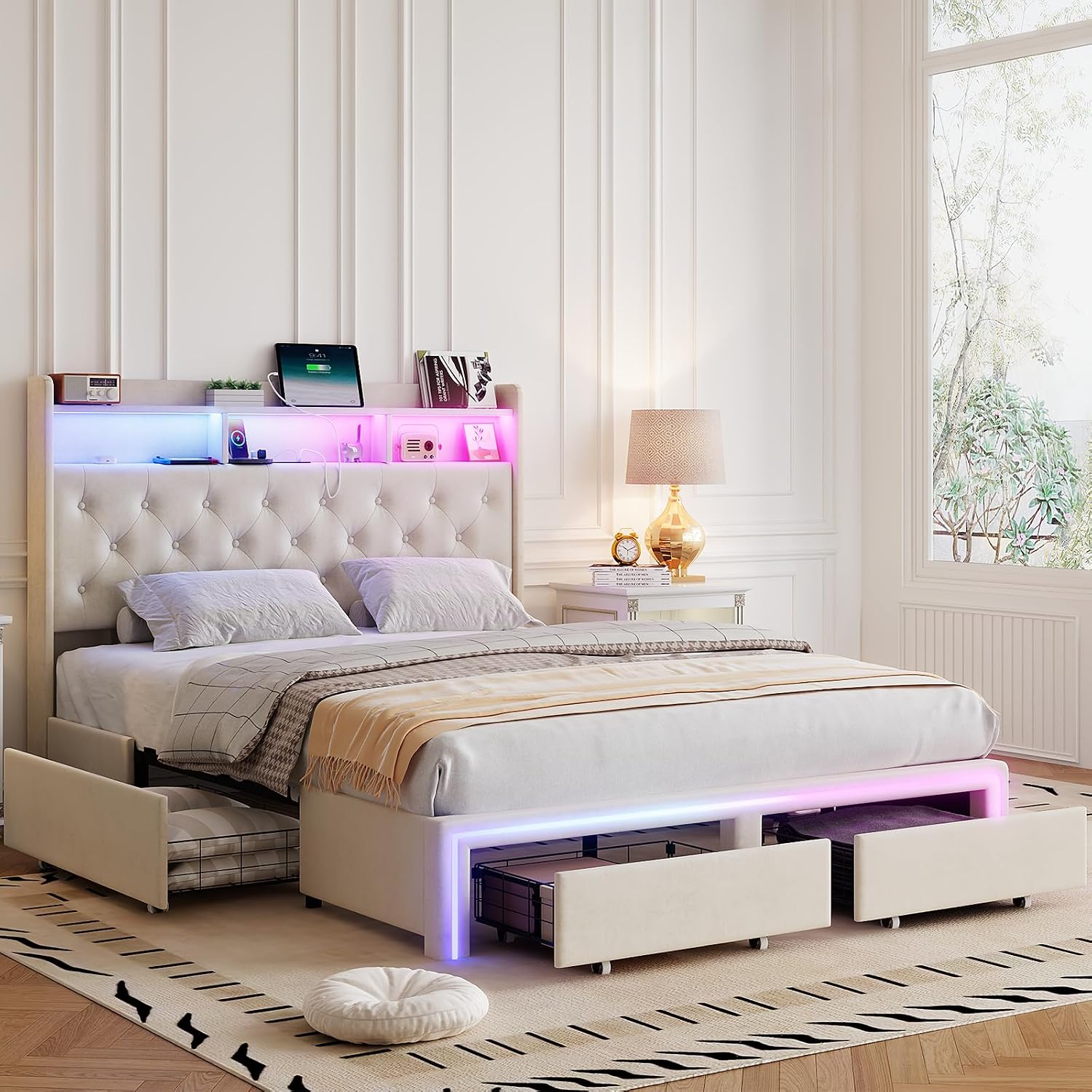 Full LED Bed Frame with Storage Headboard & Charging Station, Velvet Fabric Platform Bed Frames with 4 Drawers, Button Tufted Upholstered, No Box Spring Needed, Noise Free, Beige