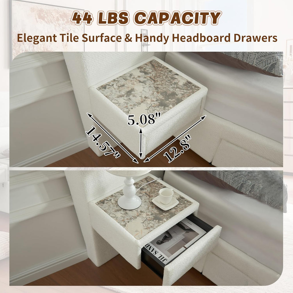 Queen Size Upholstered Platform Bed Frame with 2 Side Storage Drawers & Built-in Nightstands, Linen Headboard, Sturdy Metal Frame, Noise-Free, No Box Spring Needed, White