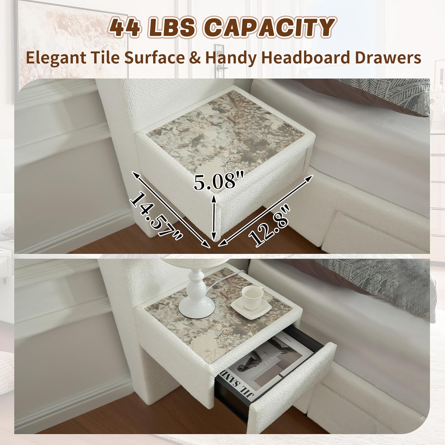 Queen Size Upholstered Platform Bed Frame with 2 Side Storage Drawers & Built-in Nightstands, Linen Headboard, Sturdy Metal Frame, Noise-Free, No Box Spring Needed, White