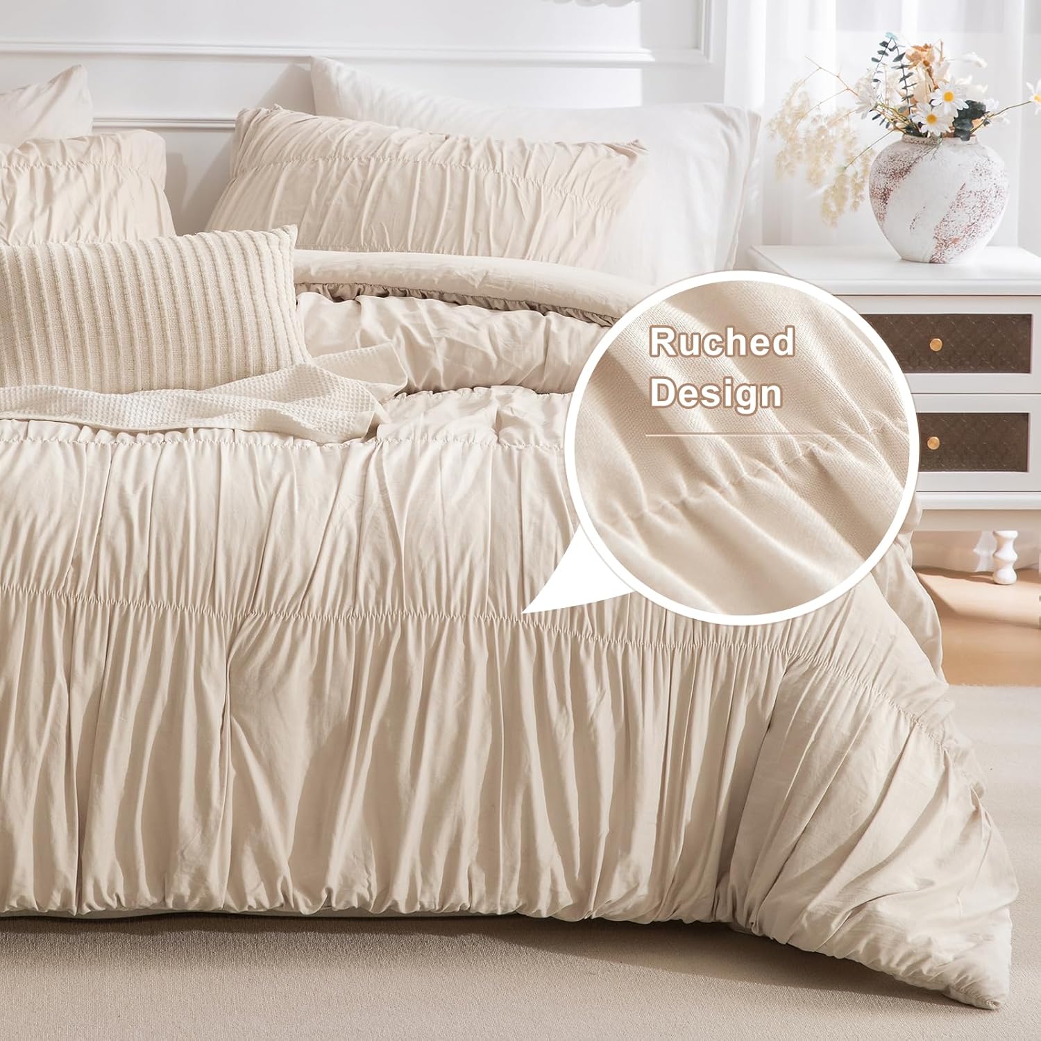 Masaca Oversized King Comforter 128'x120',Ruched Wheat Extra Large King Comforter Set,3 Pieces Lightweight Fluffy Ruffle Comforter Set Shabby Boho Chic Bedding Ultra Soft