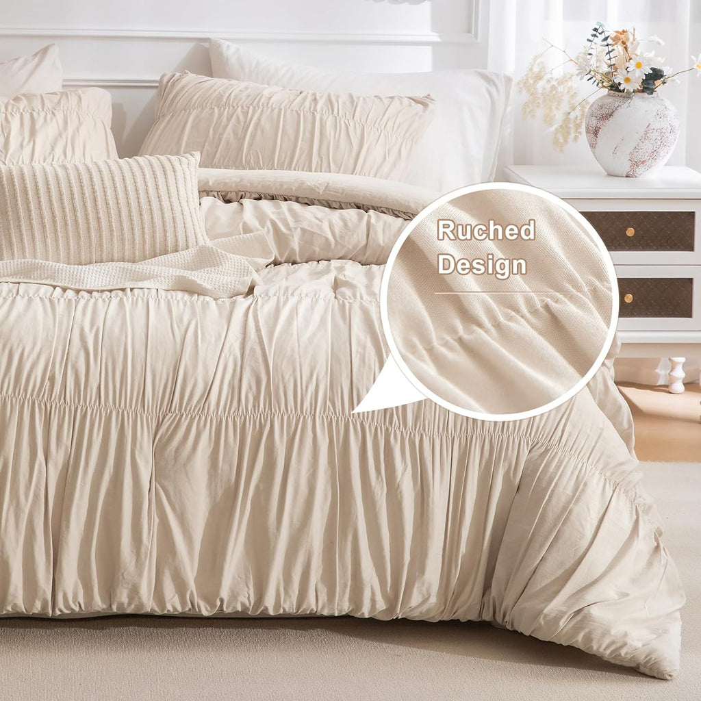 Masaca Oversized King Comforter(120'x98'),Wheat Ruched Ruffle Bedding Comforter Set,3 Pieces Lightweight California King Farmhouse Shabby Boho Chic French Country Bedding Set for All Season