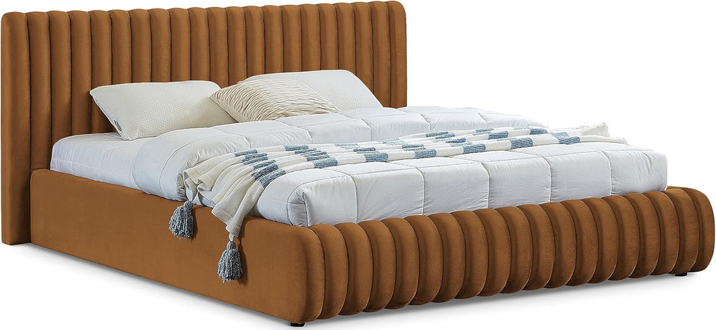 Meridian Furniture NicoSaddle-Q Nico Collection Modern | Contemporary Velvet Upholstered Queen Bed with Rich Saddle Velvet and Deep Channel Tufting, 74' W x 91' D x 38' H, Saddle, Queen