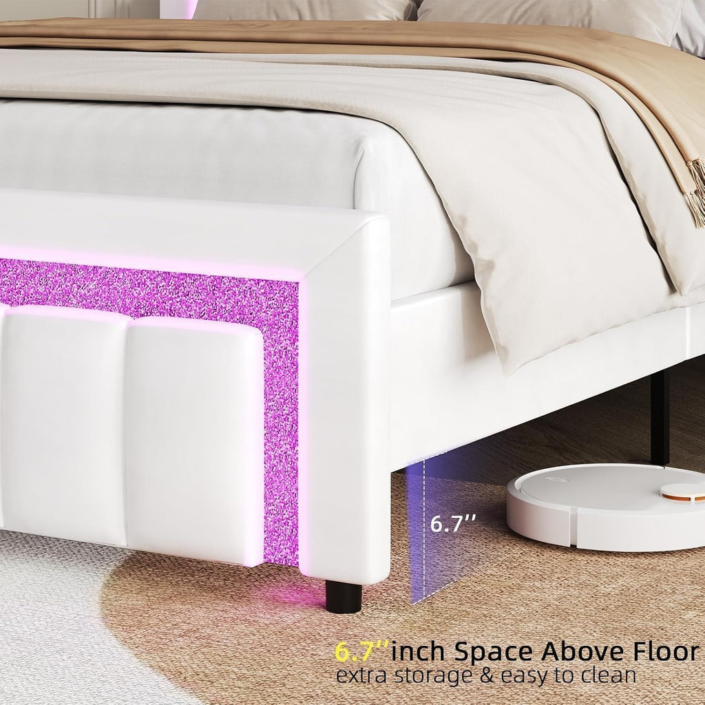 HOMBCK Queen Size Bed Frame with LED Lights and Velvet Upholstered Adjustable Headboard, Bed Frame Queen with Diamond Headboard & Footboard, Wood Slats Support, Noise Free, No Box Spring Needed, White