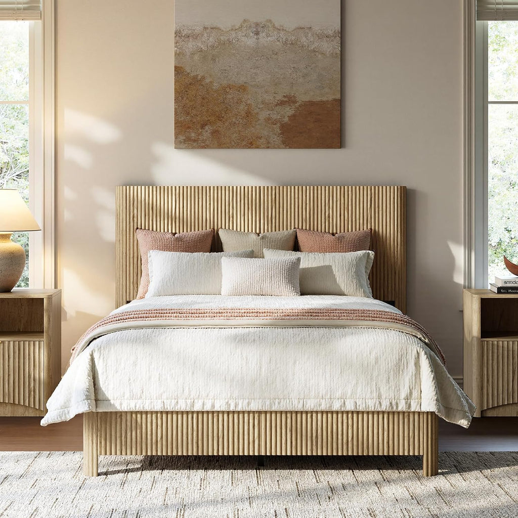Evermagin Oak Full Bed Frame with Headboard, Mid Century Modern Fluted Platform Bed, Boho Wooden Bed Base No Box Spring Needed, Wavy Grooved Panel