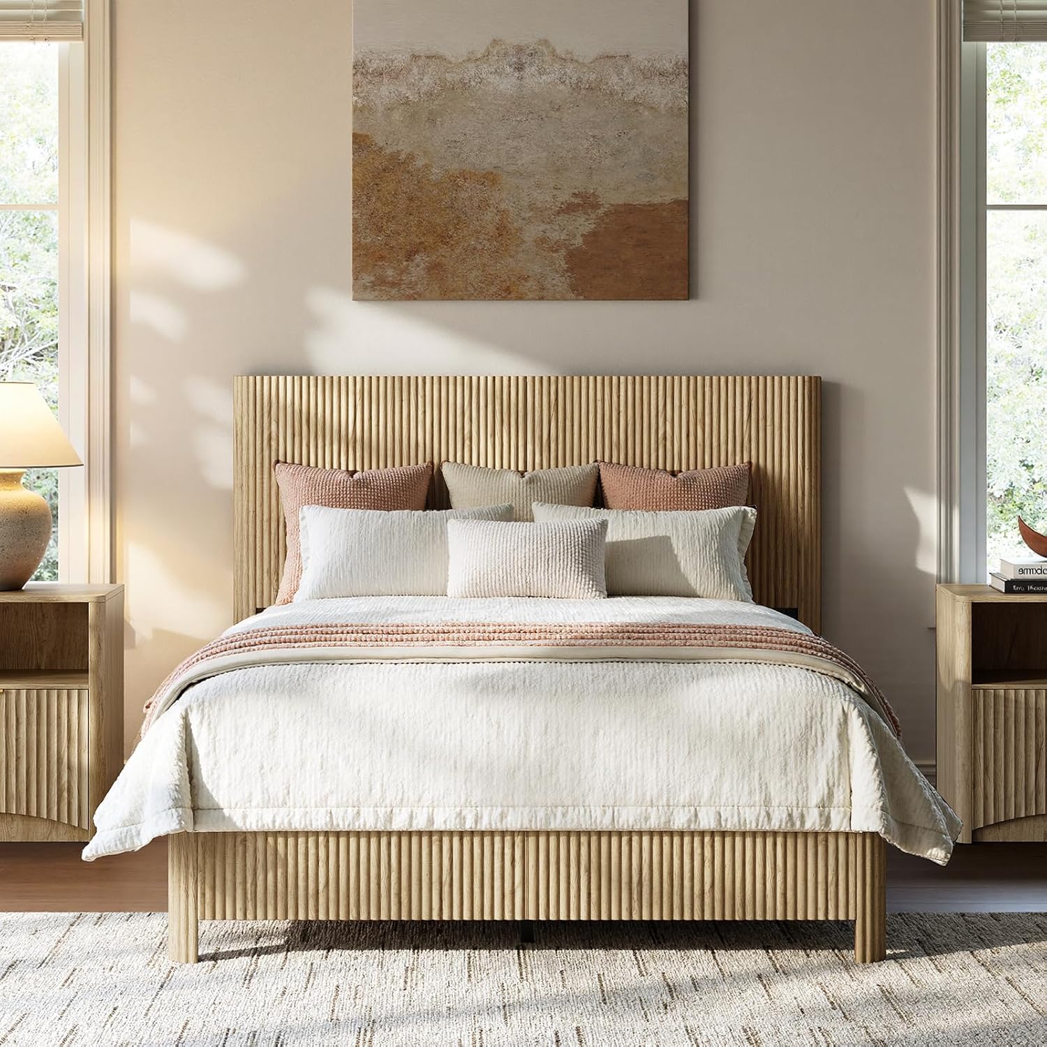 Evermagin Oak Full Bed Frame with Headboard, Mid Century Modern Fluted Platform Bed, Boho Wooden Bed Base No Box Spring Needed, Wavy Grooved Panel