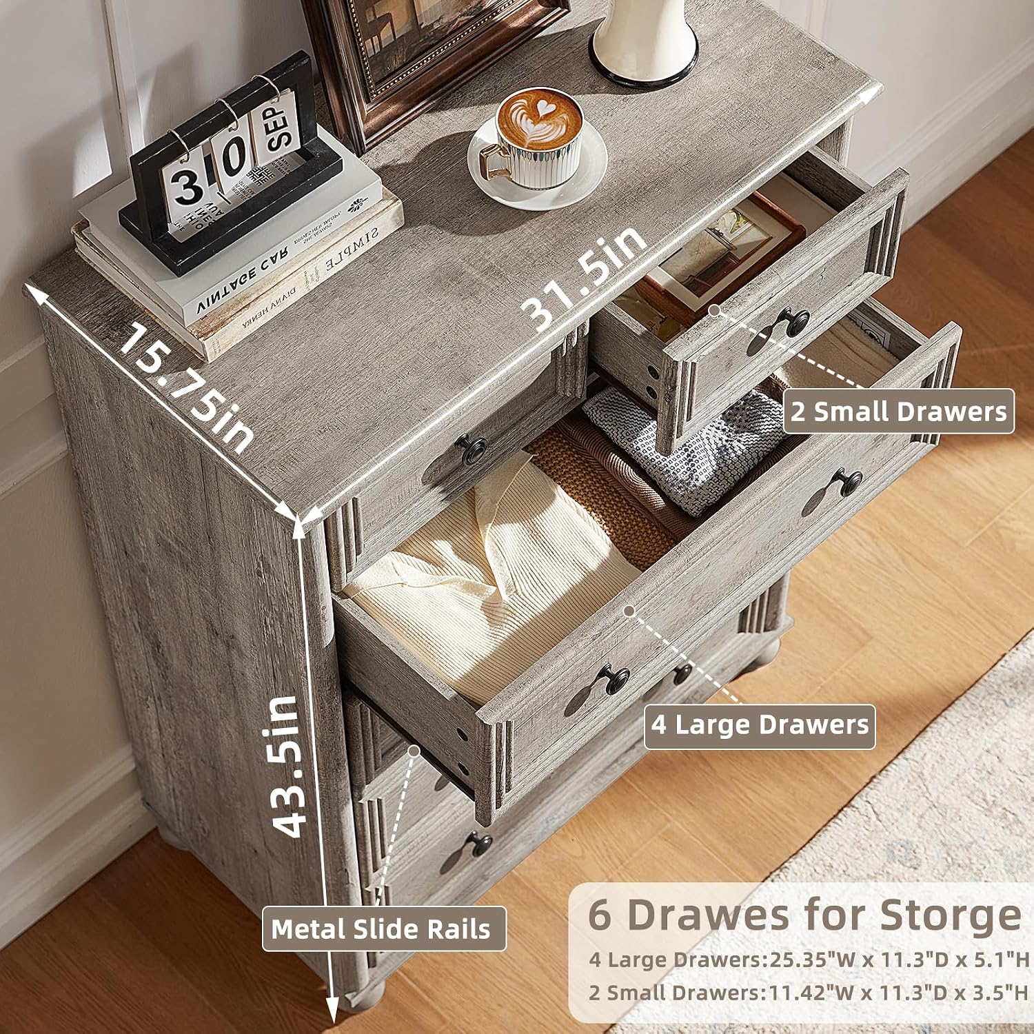Farmhouse Dressers & Night Stand Set of 4, Wood 54' Wide Dresser & 43.5'Tall Chest of Drawers, 18' with Charging Station Nightstand Set of 2, Bedroom Furniture Dresser Set for Home Living Room Hallway