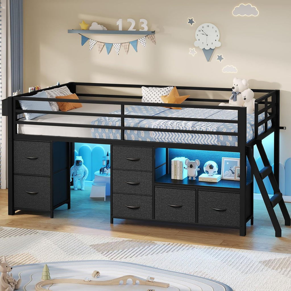 ADORNEVE Low Loft Bed Twin Size with 7 Storage Drawers, Bookcase and LED Lights, Metal Kids Loft Bed with 14' H Safety Guardrail,Inclined Ladder and Play Curtain, Under-Bed Play Space, Black