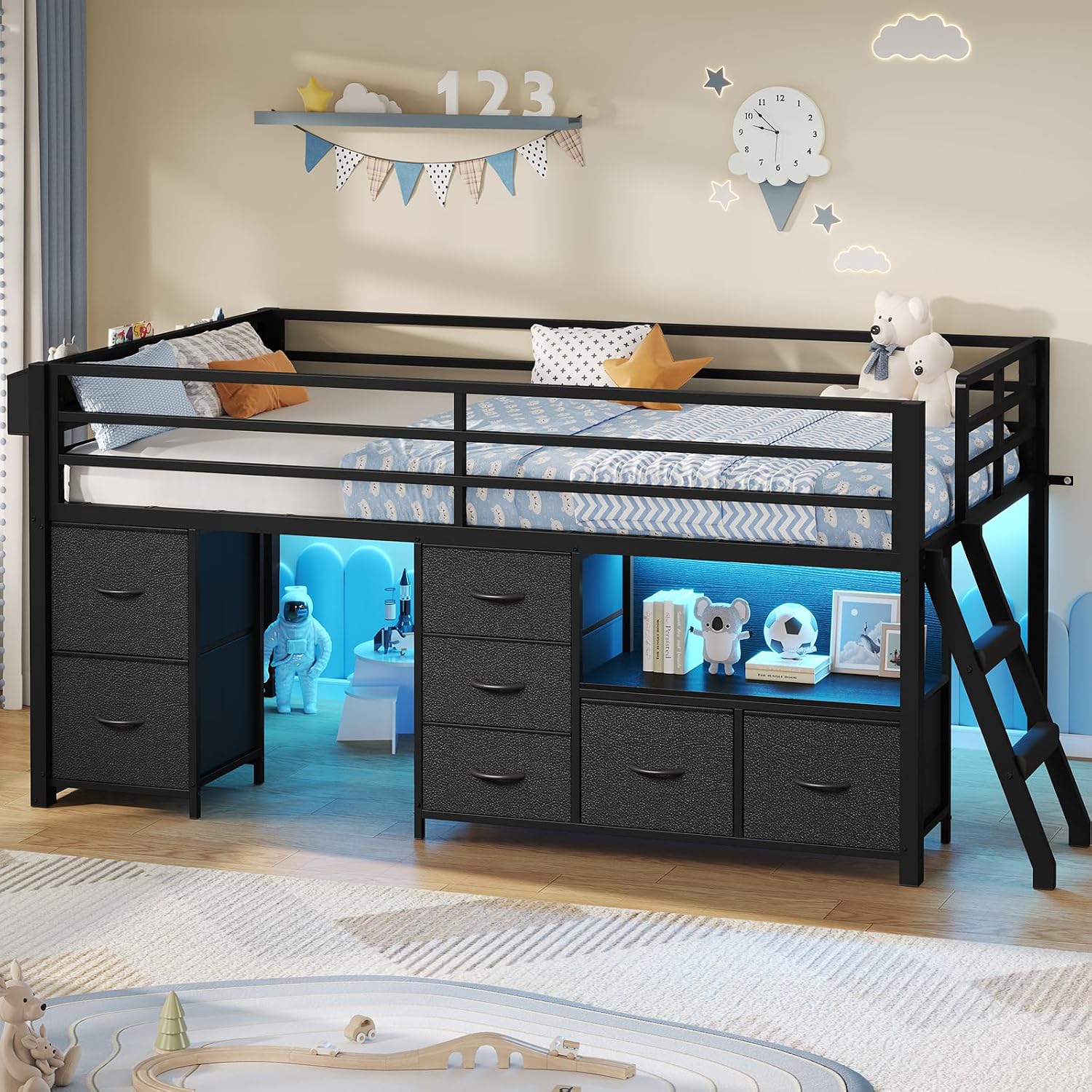 ADORNEVE Low Loft Bed Twin Size with 7 Storage Drawers, Bookcase and LED Lights, Metal Kids Loft Bed with 14' H Safety Guardrail,Inclined Ladder and Play Curtain, Under-Bed Play Space, Black