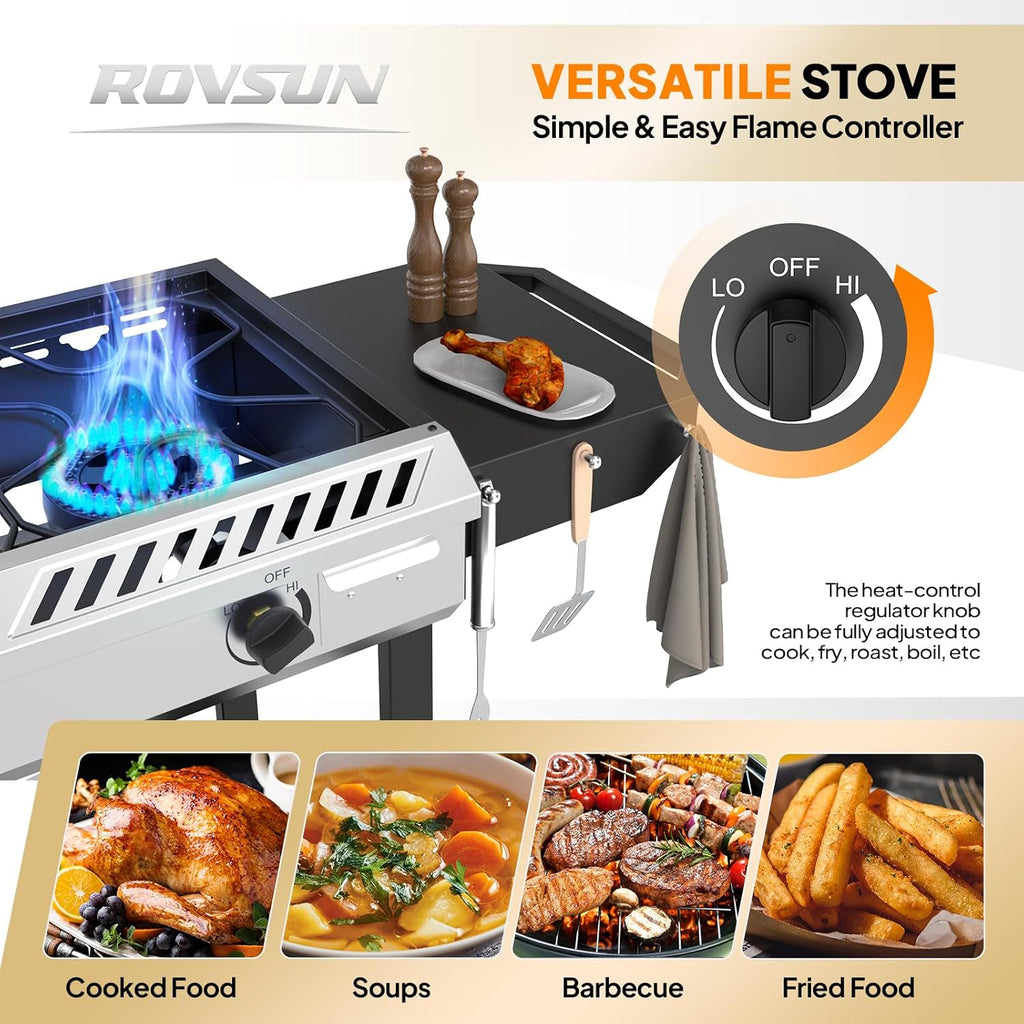 ROVSUN 3 Burner Propane Stove with Auto Ignition, 225,000 BTU Gas Stove with Side Shelves, Rolling Wheels & Regulator for Home Outdoor Backyard Camping Cooking Frying Brewing Canning