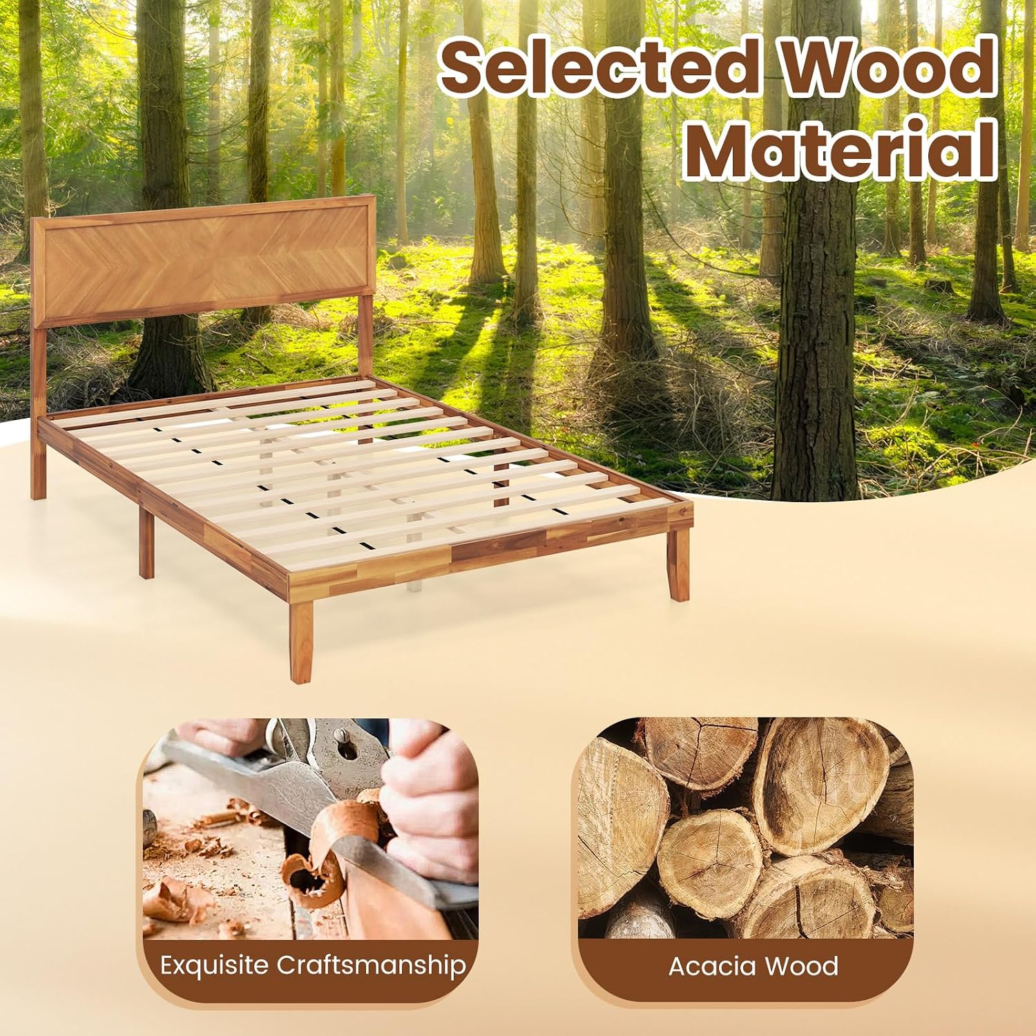 Giantex Wood Full Size Bed Frame with Headboard, Solid Acacia Wood Platform Bed with 12 Strong Wooden Slat Support, Scandinavian Style Art Deco Full Bed Frame, No Box Spring Needed, Rustic Brown