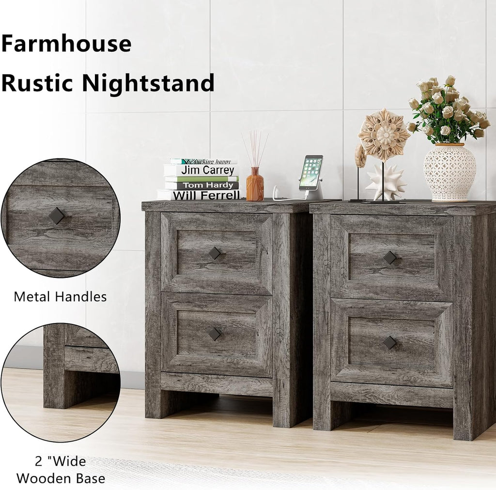 LUXOAK 3 Pieces Bedroom Sets, Includes King Size Lift Up Storage Platform Bed Frame, 2 Drawers Farmhouse Nightstand Set of 2 with Charging Station, No Box Spring Needed, Rustic Grey