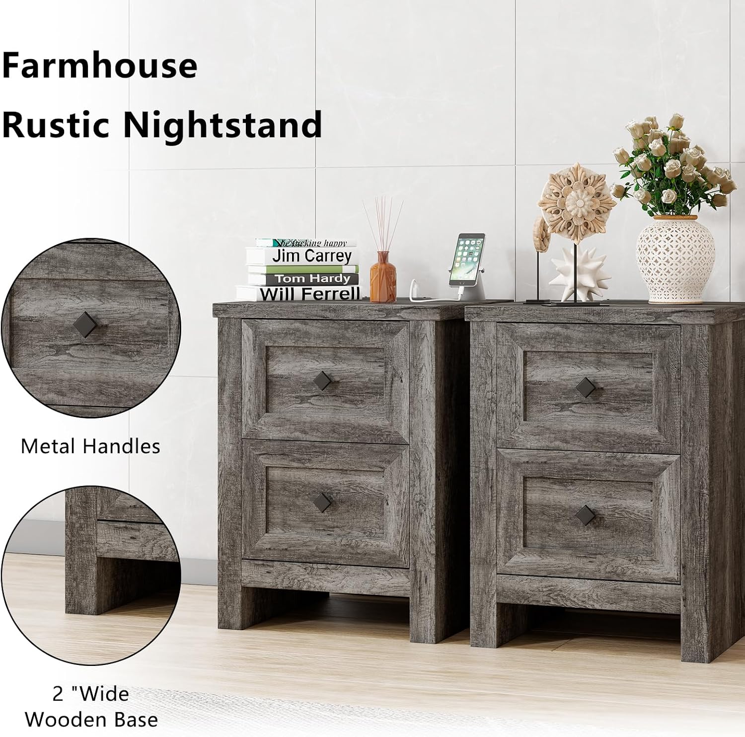 LUXOAK 3 Pieces Bedroom Sets, Includes King Size Lift Up Storage Platform Bed Frame, 2 Drawers Farmhouse Nightstand Set of 2 with Charging Station, No Box Spring Needed, Rustic Grey