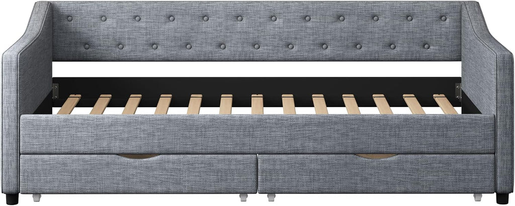 Ball & Cast Twin Size Daybed with Two Drawers and Linen Upholstered,Wood Bed Frame w/Button Tufted Back and Waved Shape Arms,Slats Support,for Apartment,Bedroom,Light Grey