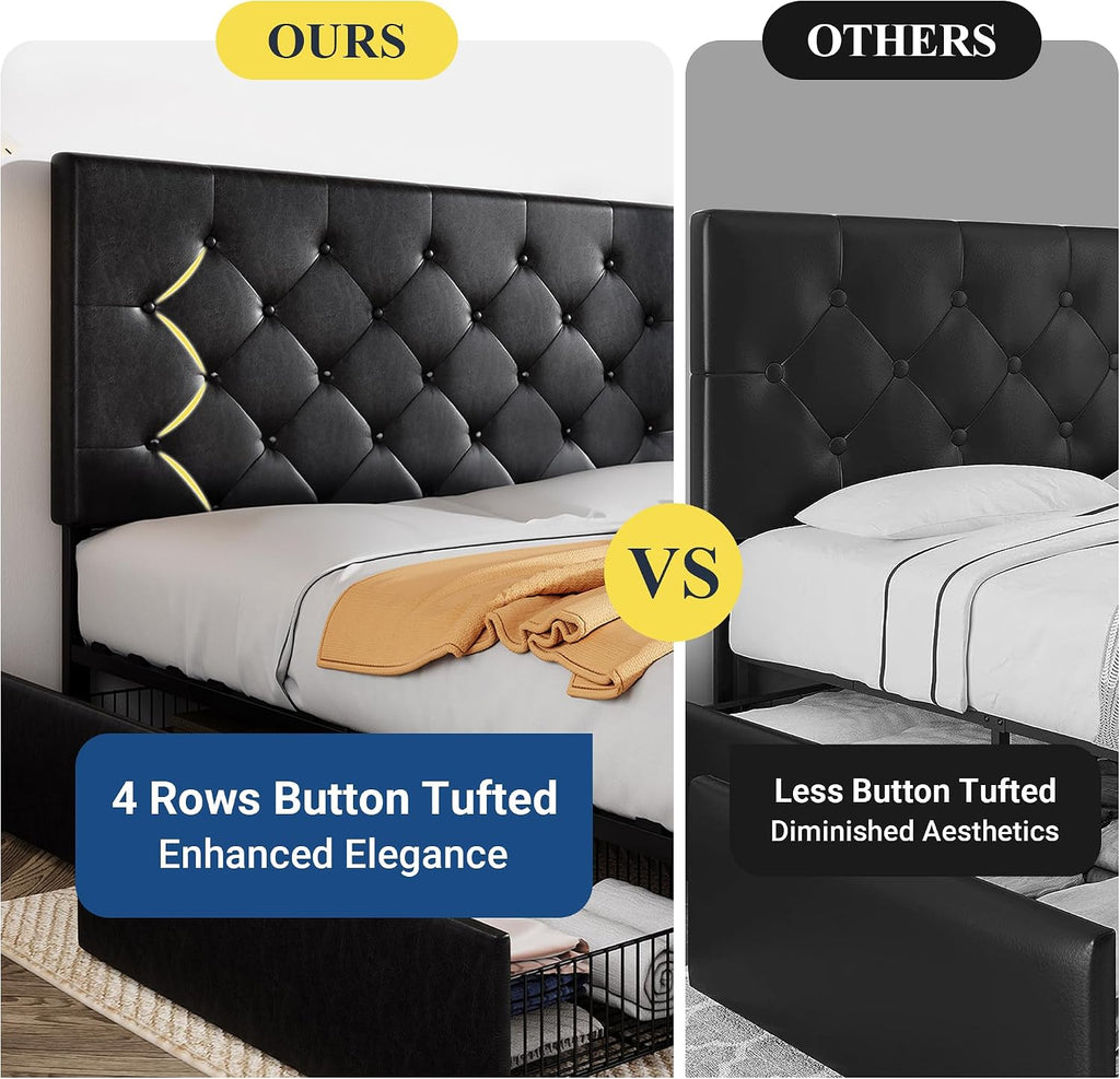 Allewie Upholstered Queen Size Platform Bed Frame with 4 Storage Drawers and Headboard, Diamond Stitched Button Tufted, Mattress Foundation with Wooden Slats Support, No Box Spring Needed, Black