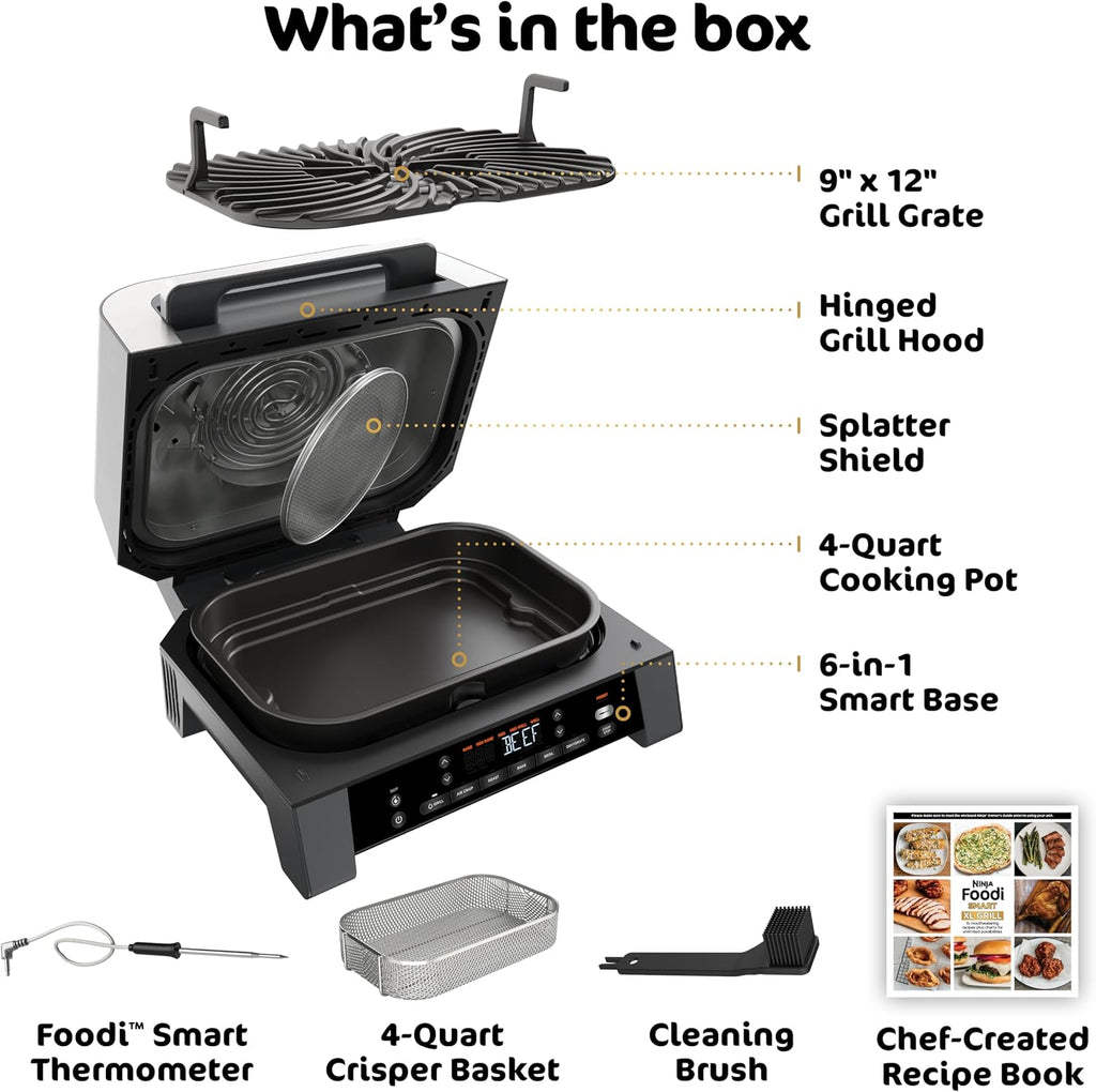 Ninja DG551 Foodi Smart XL 6-in-1 Indoor Grill with Air Fry, Roast, Bake, Broil, & Dehydrate, Foodi Smart Thermometer, 2nd Generation, Black/Silver