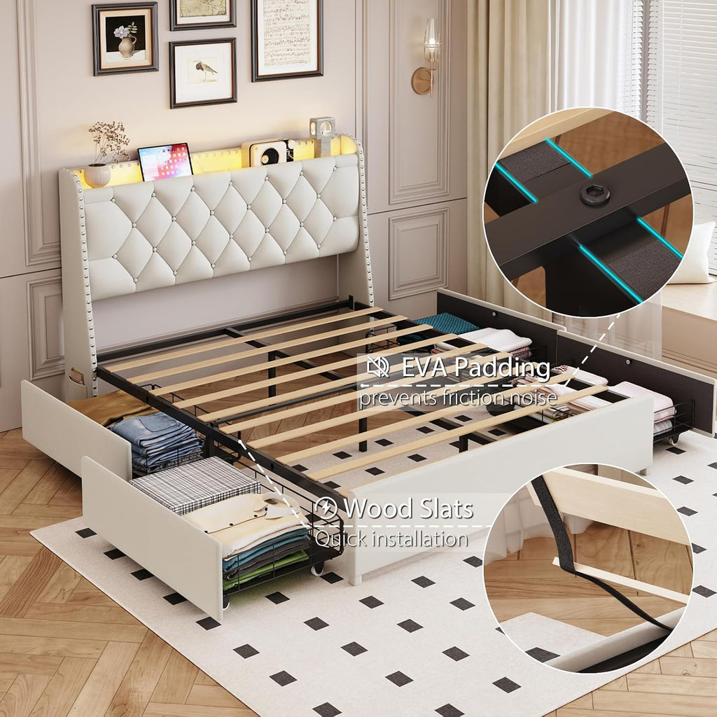 TIGUBFRE Full Size Bed Frame with 4 Drawers and Storage Headboard, Upholstered Tufted Wingback Bed Frame with LED Lights and Charging Station, No Box Spring Needed, Easy Assembly, Noise Free, Beige