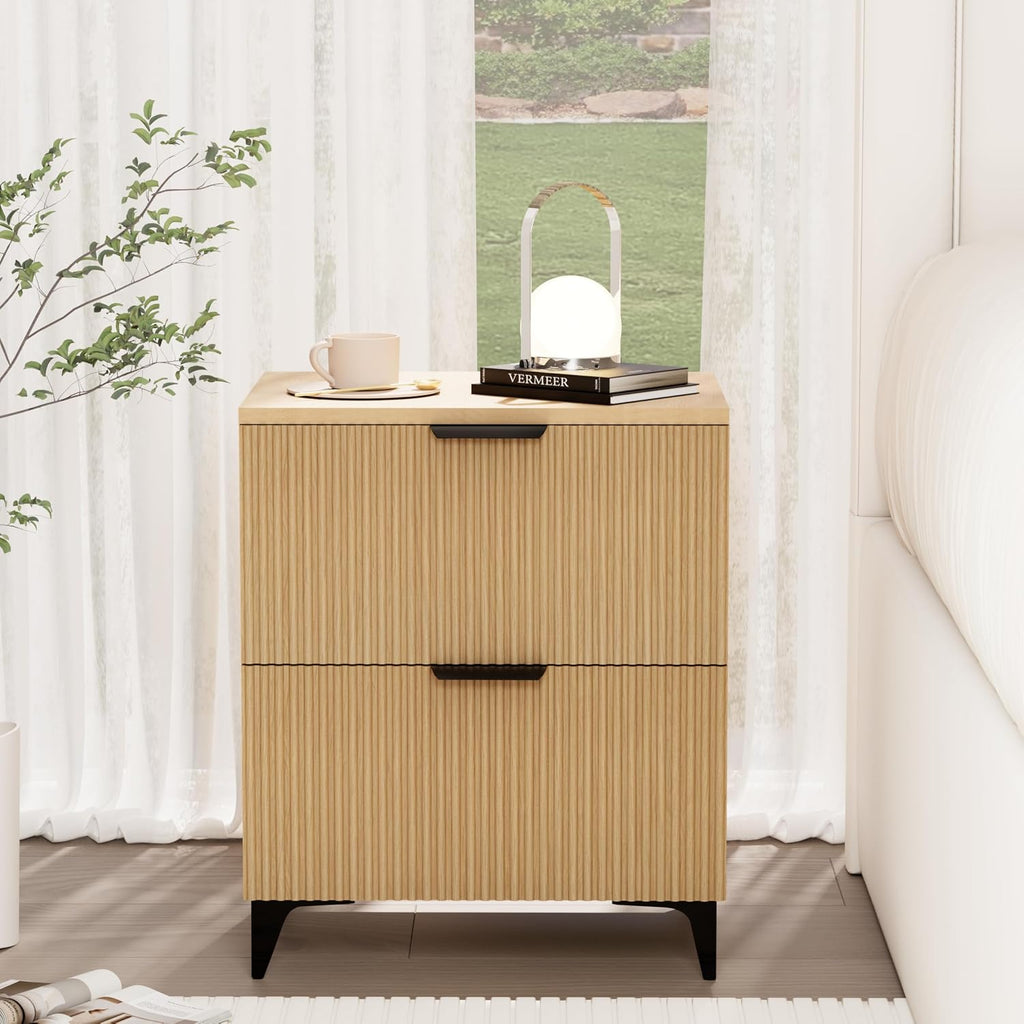 Royal Windsor Small Night Stand Set of 2, Fluted Nightstand with 2 Drawers, Side End Table with Storage, Modern Night Stand Bedside Table for Small Indoor Rooms, Natural Oak