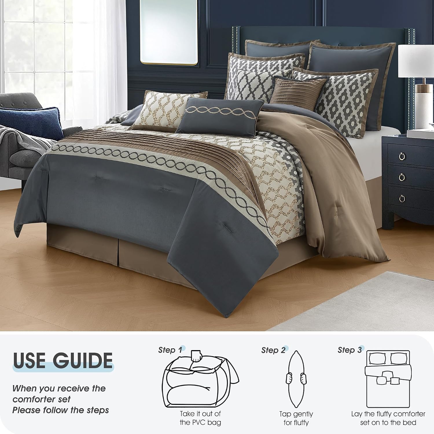LANCO MODERN LIFESTYLE California King Comforter Set, Grey Brown, 10 Piece Bed in a Bag for All Seasons, Luxury Extreme Comfort Bedding Sets with Bedskirt, Pillow Shams, Euro Shams and Decor Pillows