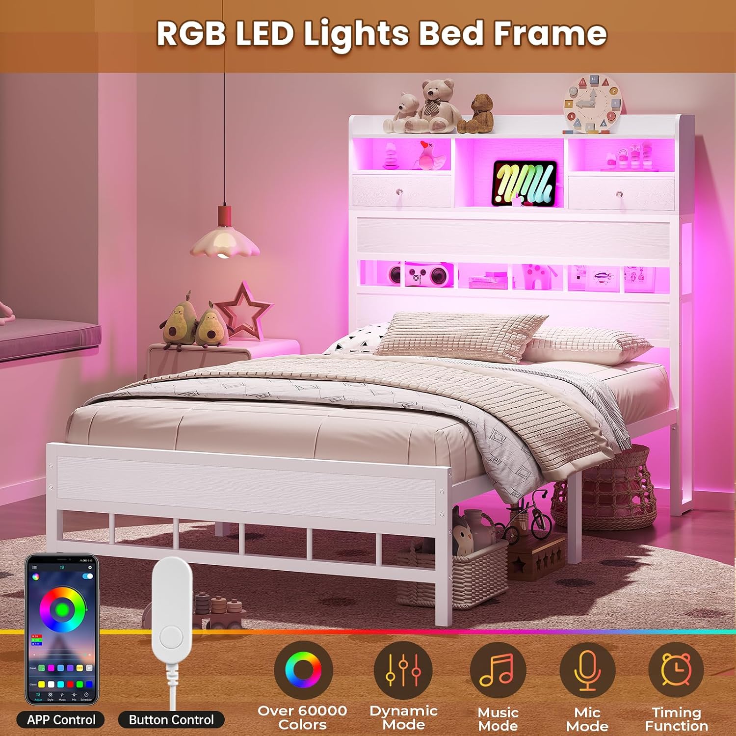 BTHFST Twin Bed Frames with Headboard & Charging Station, LED Bed Frame Twin with 5 Storage Shelves & 2 Fabric Drawers, Platform Bed Frames for Kids, No Box Spring Needed, White