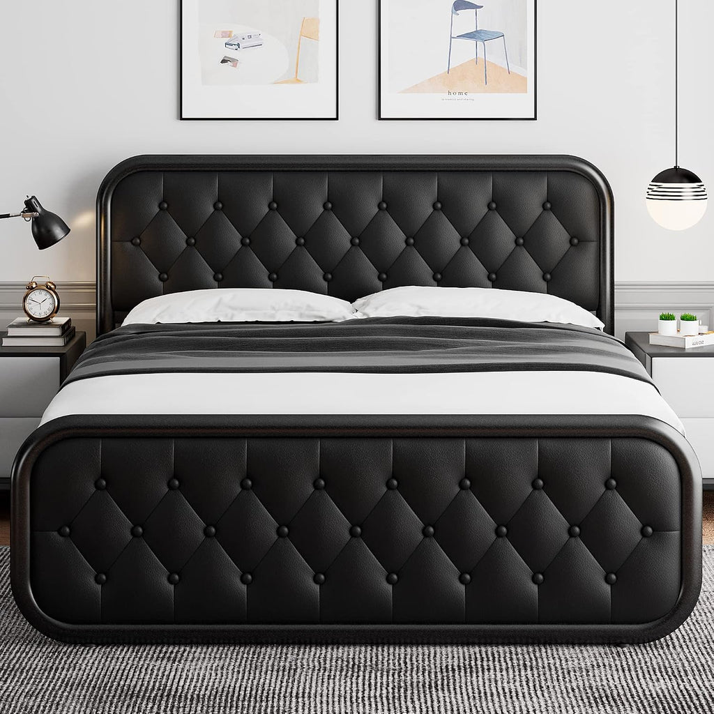 iPormis Full Size Metal Bed Frame with Leather Headboard, Heavy-Duty Platform Bed Frame, Thicker Metal Steel Slats Support, 12'' Under-Bed Space, Noise-Free, Easy Assembly, Black